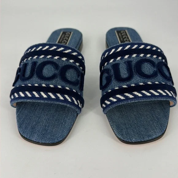 Gucci 36.5 Denim Jean Jane Logo Blue Stripe Slides Sandals E950 - Picture 11 of 14